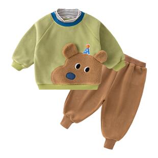 嘟嘟家宝宝加绒套装秋冬男童假两件卫衣裤子两件套女童加绒冬装潮