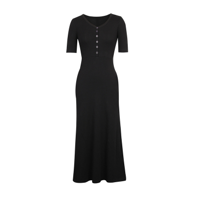 alex sevents 法式优雅气质V领连衣裙女夏季修身显瘦短袖长裙子