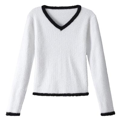 v领水貂绒短款毛衣女秋冬加厚