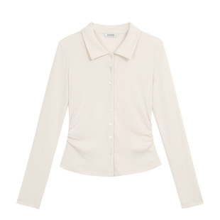 pusumede韩系欧尼 复古polo翻领针织长袖T恤女收腰修身正肩上衣