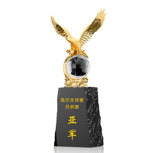 创意高档高尔夫一杆进洞比赛刻字金属老鹰翅膀水晶奖杯定制作摆件