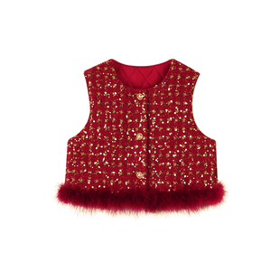 Amybaby女童套装冬季2025新款夹棉红色呢子小香风外套连衣裙马甲