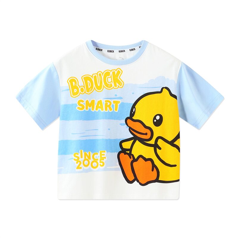B.Duck小黄鸭儿童短袖T恤纯棉2026夏季薄款男女童条纹多巴胺半袖