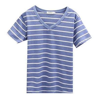 夏装短袖t恤女士纯棉2025新款中年妈妈装条纹半袖宽松大码V领上衣