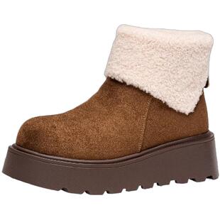 依思q厚底雪地靴女款2026新款冬季加绒勃肯短靴防滑毛毛保暖棉鞋