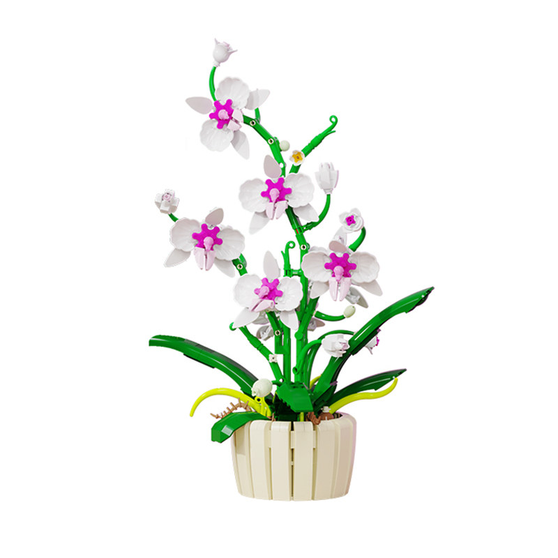 美及香槟兰花盆栽拼装积木双色花瓣永生花束摆件益智玩具女生礼物