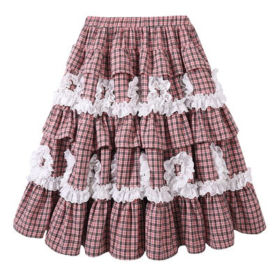 日系少女粉色格纹毛呢半身裙秋冬