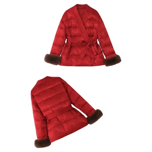 新中式浴袍式羽绒服女2025冬季新款红色毛领收腰显瘦百搭短款外套