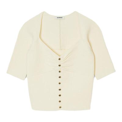 SANDRO纽扣装饰短款白色针织上衣