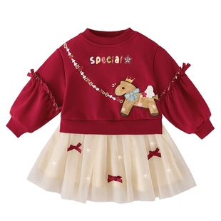 [新年拜年服]女童红色卫衣裙秋冬新款加绒纱裙宝宝裙子儿童连衣裙
