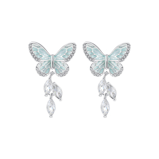 薄荷曼波绿色蝴蝶锆石流苏耳钉女轻奢高级感耳环耳坠小众独特耳饰