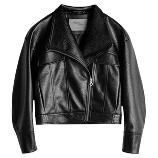马登美式荔枝纹黑色短款斜拉链立翻领机车服PU皮衣夹克外套女士春