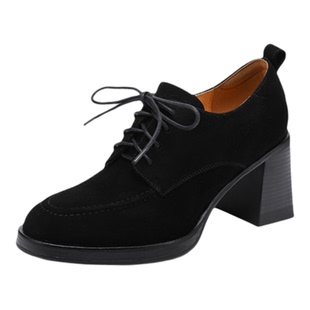 6cm/7.6cm磨砂真皮粗跟复古系带小皮鞋女高跟圆头英伦风显瘦单鞋