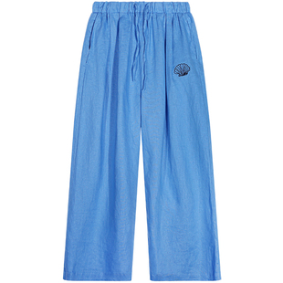 落落狷介裤子女夏薄款2025年新款松紧腰蓝色亚麻阔腿裤小个子裤子