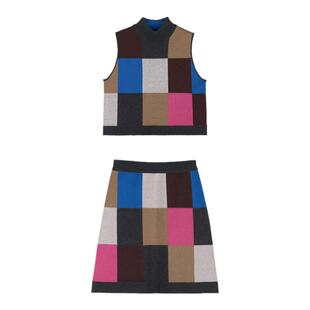 Studio1till8 8 撞色格子女士套装小高领针织马甲短款半身裙