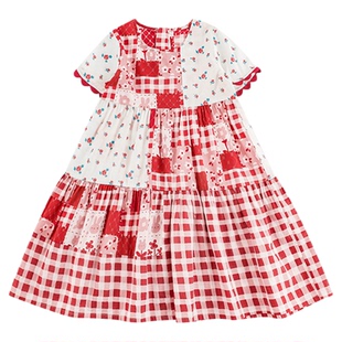 幼悠 女童碎花格纹印花A字连衣裙2025夏季红色织带拼接袖口裙子潮