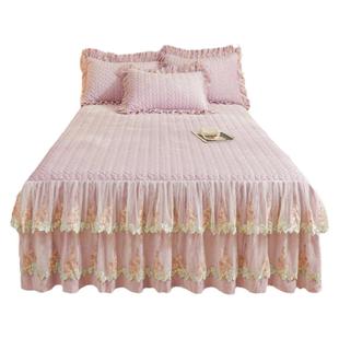 韩系高克重宝宝绒夹棉床裙款三件套秋冬公主风加厚防滑单件床罩套