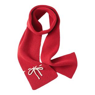 【杨同学】蝴蝶结围巾女秋冬季时尚红色长款针织毛线情侣保暖围脖