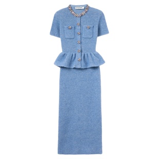 self-portrait 2026早春新款薄雾蓝气质重要场合钻饰针织连衣裙