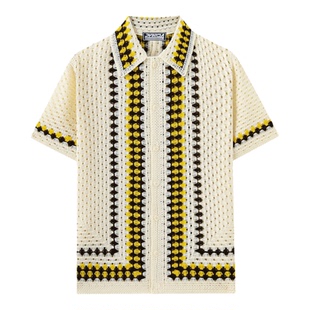 2026夏美式休闲条纹拼色针织上衣男镂空透视短袖Polo衫Men shirts
