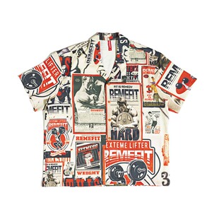 REMEFIT 美式复古阿诺德健身海报 春夏男女满印立领透气短袖衬衫