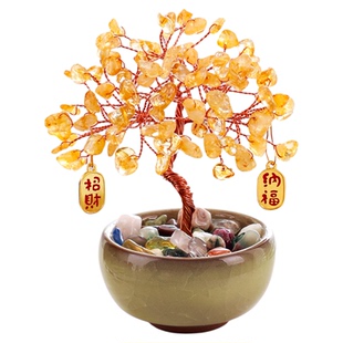 黄水晶发财树财神摆件办公室工位桌面玄学装饰品步步高升好运礼物