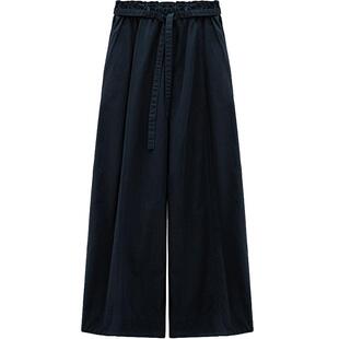LAGOGO纯棉藏青色灯笼休闲阔腿裤女拉谷谷2026春新款高腰显瘦裤子