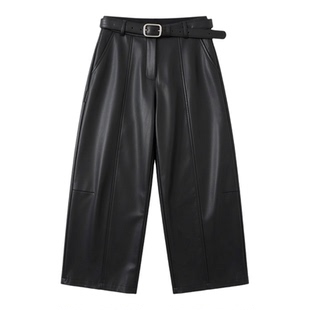 欧货新款小个子八分皮裤加绒蛋白皮奶奶裤高腰宽松显瘦PU皮弯刀裤