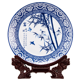 景德镇陶瓷器青花瓷盘子新古典挂盘装饰盘摆件中式玄关客厅摆设品