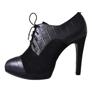 头层牛皮35-39 AEE爱意 拼接色超高跟短靴踝靴防水台女鞋黑+红/咖