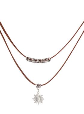 复古民族风浮雕太阳吊坠双层项链棕色项圈choker锁骨链女跨境饰品