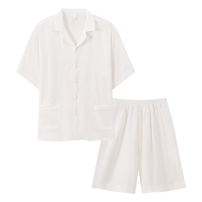 睡衣男夏季薄款白色小清新时尚可外出短袖短裤全棉双层纱布家居服