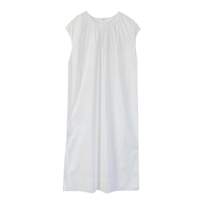 2023年日系新款白色简洁连衣裙圆领直筒型长裙时尚休闲洋气