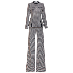 千鸟格子时尚套装女春秋圆领西装短外套2025新款气质阔腿裤两件套