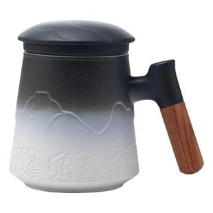 黑陶马克杯茶水分离水杯木柄创意办公过滤陶瓷带盖泡茶杯定制礼盒