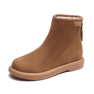 2025新款冬季磨砂软皮短靴羊羔绒时尚保暖加绒黄色防滑平底短筒靴