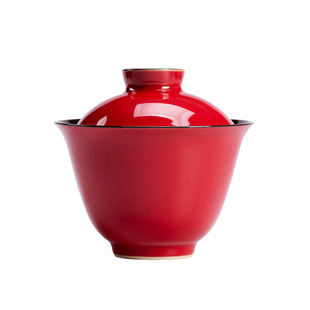 中国红春节氛围喜庆国风敬茶碗丹霞墨韵红色陶瓷盖碗功夫茶具仿烫