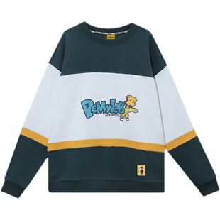 PCMY卡通叉叉人拼接撞色圆领卫衣男女情侣休闲宽松薄绒套头长袖秋