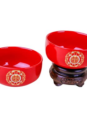 结婚喜碗套装红色陶瓷新郎新娘喜庆碗筷交杯酒酒盅汤勺婚礼宴用品