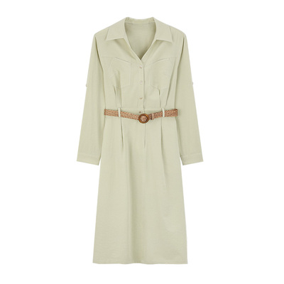 MindBridge女士简约温柔工装裙纯色中长款裙子2026年春长袖衬衫裙