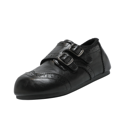 NIDZ布洛克儿童小皮鞋秋冬加绒二棉英伦风男童黑色女童休闲乐福鞋