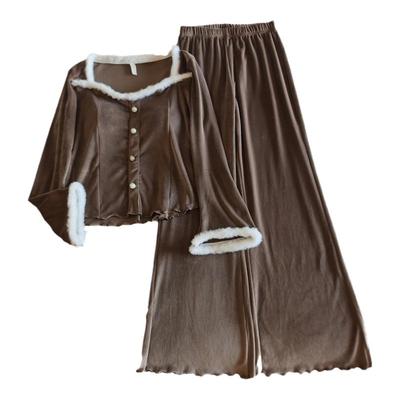 海岛绒睡衣女春秋冬带胸垫家居服