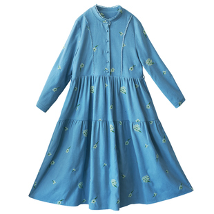 【初匀蓝染】复古绣花连衣裙女2025秋季刺绣长裙浪漫花边领大摆裙