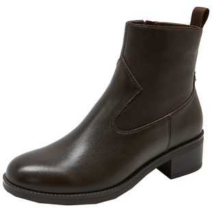 康莉粗跟牛皮短靴女2025年冬季新款复古圆头真皮瘦瘦靴切尔西女靴