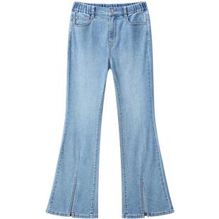 乐町松紧腰喇叭牛仔裤2025年夏季新款长腿开叉设计显瘦高腰微喇裤