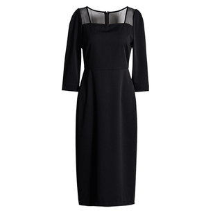 罗衣气质黑色修身方领连衣裙女春精致风高级拼接网纱包臀裙10980