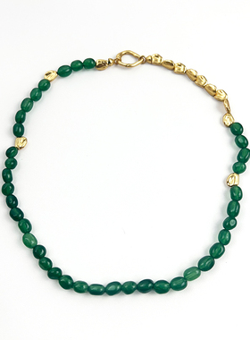 新款天然不规则绿宝石金属拼接串珠项链手链复古高级感锁骨链