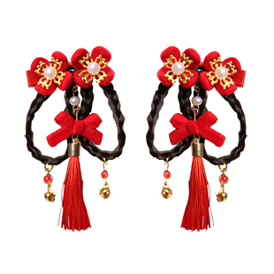 儿童汉服花朵头饰女孩古风红色流苏发夹2026新年宝宝可爱毛球对夹