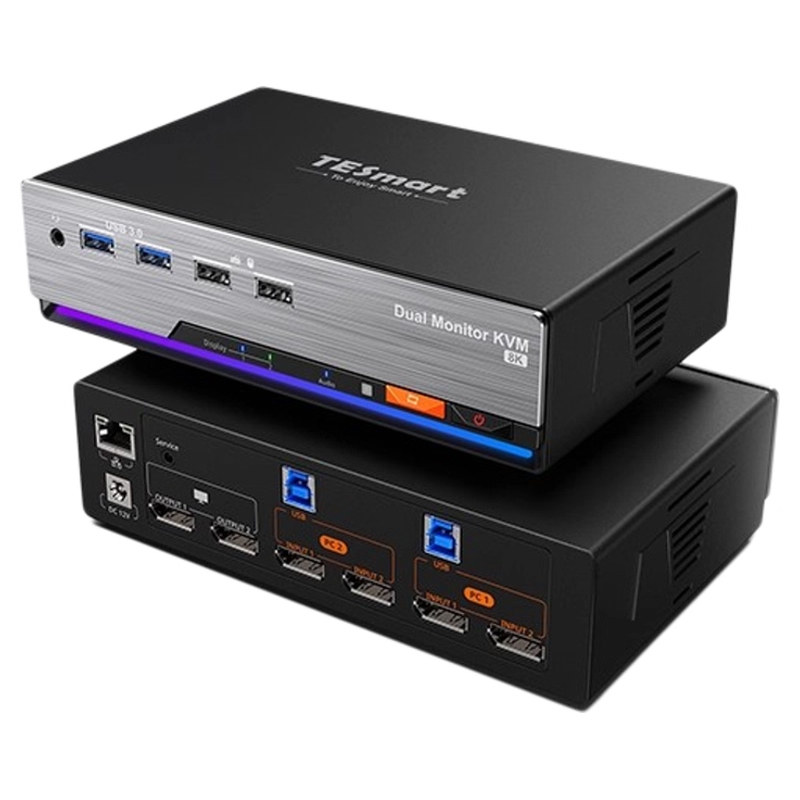 TESmart碲视2进2出KVM切换器DP1.4二进二出拓展坞4K240HZ高刷支持EDID模拟器键盘热键共享USB3.