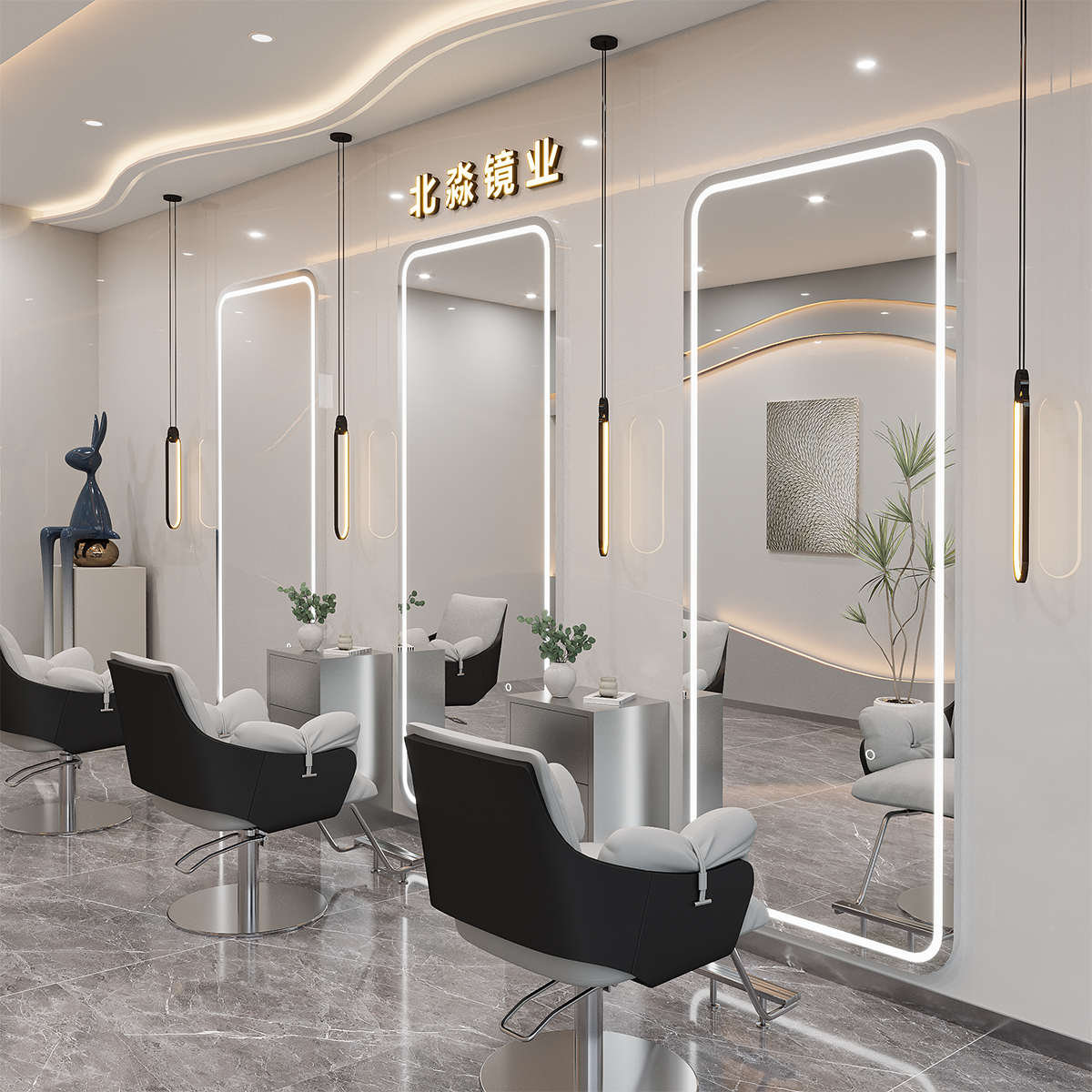网红理发店镜子发廊专用美发店镜台带灯美发简约单面镜剪发镜落地